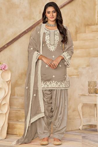Light brown embroidery & sequins free size stitched straight salwar suit for women