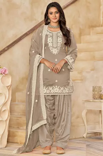 Light brown embroidery & sequins free size stitched straight salwar suit for women
