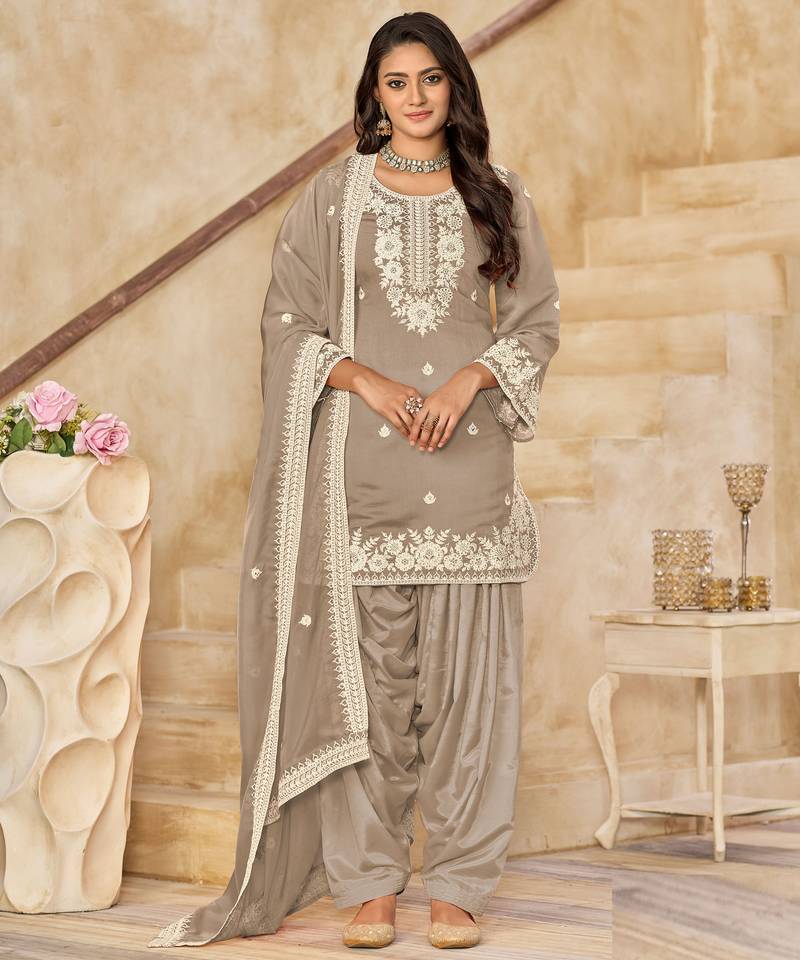Light brown embroidery & sequins free size stitched straight salwar suit for women