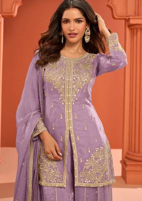 Lilac zari embroidered , sequins , mirror free size stitched straight salwar suit for women 2