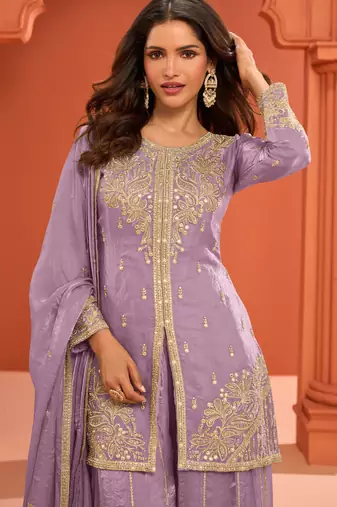 Lilac zari embroidered , sequins , mirror free size stitched straight salwar suit for women