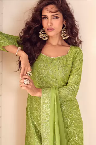Lime green thread embroidered , sequins & mirror free size stitched straight salwar suit for women