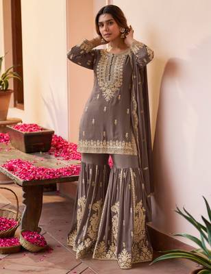 Grey embroidered , stone & sequins free size stitched straight salwar suit for women 1