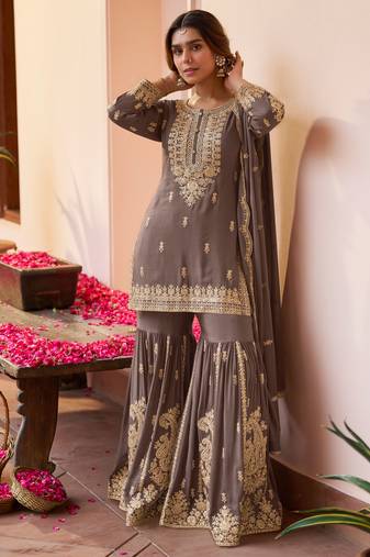 Grey embroidered , stone & sequins free size stitched straight salwar suit for women