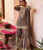 Grey embroidered , stone & sequins free size stitched straight salwar suit for women
