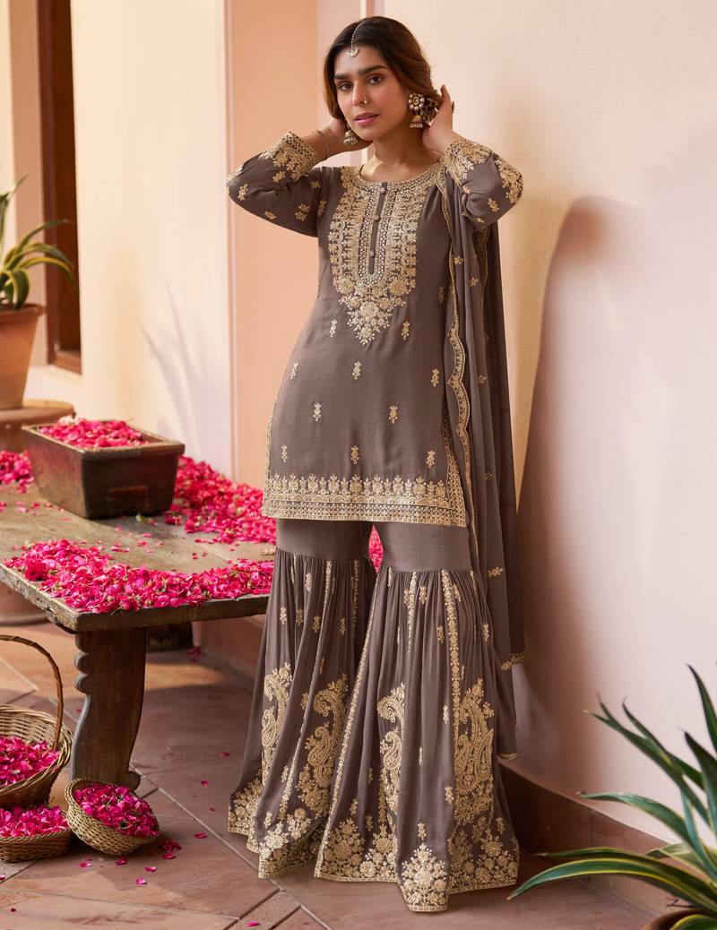 Grey embroidered , stone & sequins free size stitched straight salwar suit for women