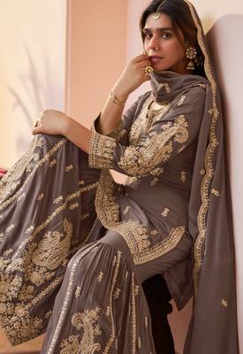 Grey embroidered , stone & sequins free size stitched straight salwar suit for women 2