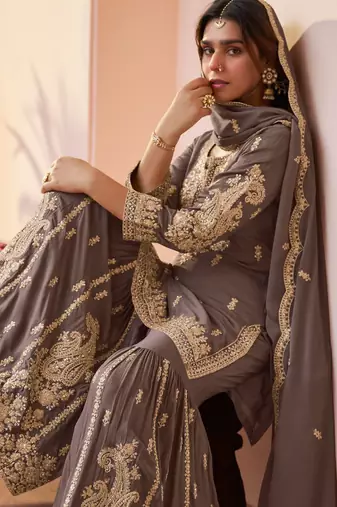 Grey embroidered , stone & sequins free size stitched straight salwar suit for women