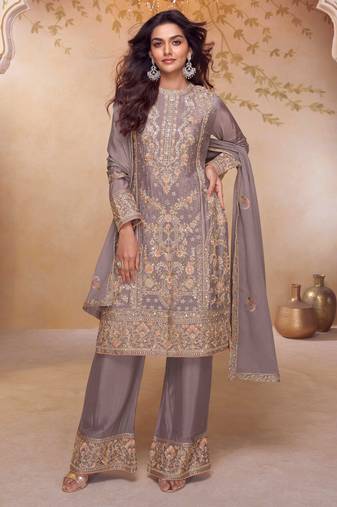 Grey embroidered , sequins & hand work free size stitched straight salwar suit for women