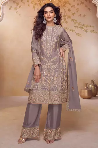Grey embroidered , sequins & hand work free size stitched straight salwar suit for women