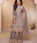 Grey embroidered , sequins & hand work free size stitched straight salwar suit for women