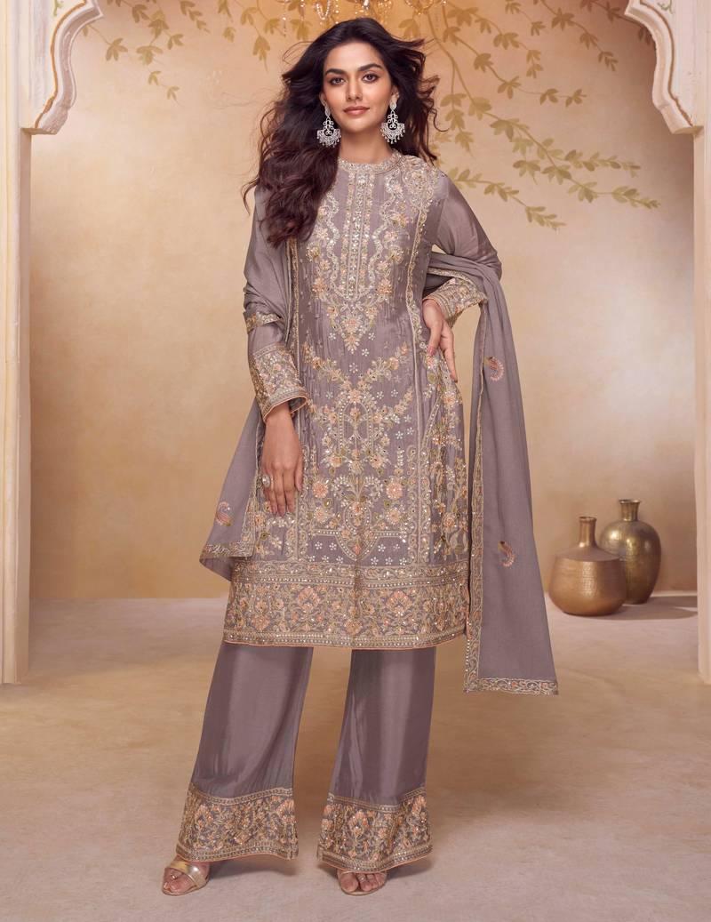 Grey embroidered , sequins & hand work free size stitched straight salwar suit for women