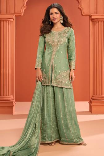 Green zari embroidered , sequins , mirror free size stitched straight salwar suit for women