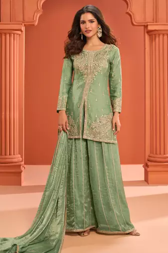 Green zari embroidered , sequins , mirror free size stitched straight salwar suit for women