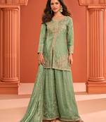 Green zari embroidered , sequins , mirror free size stitched straight salwar suit for women
