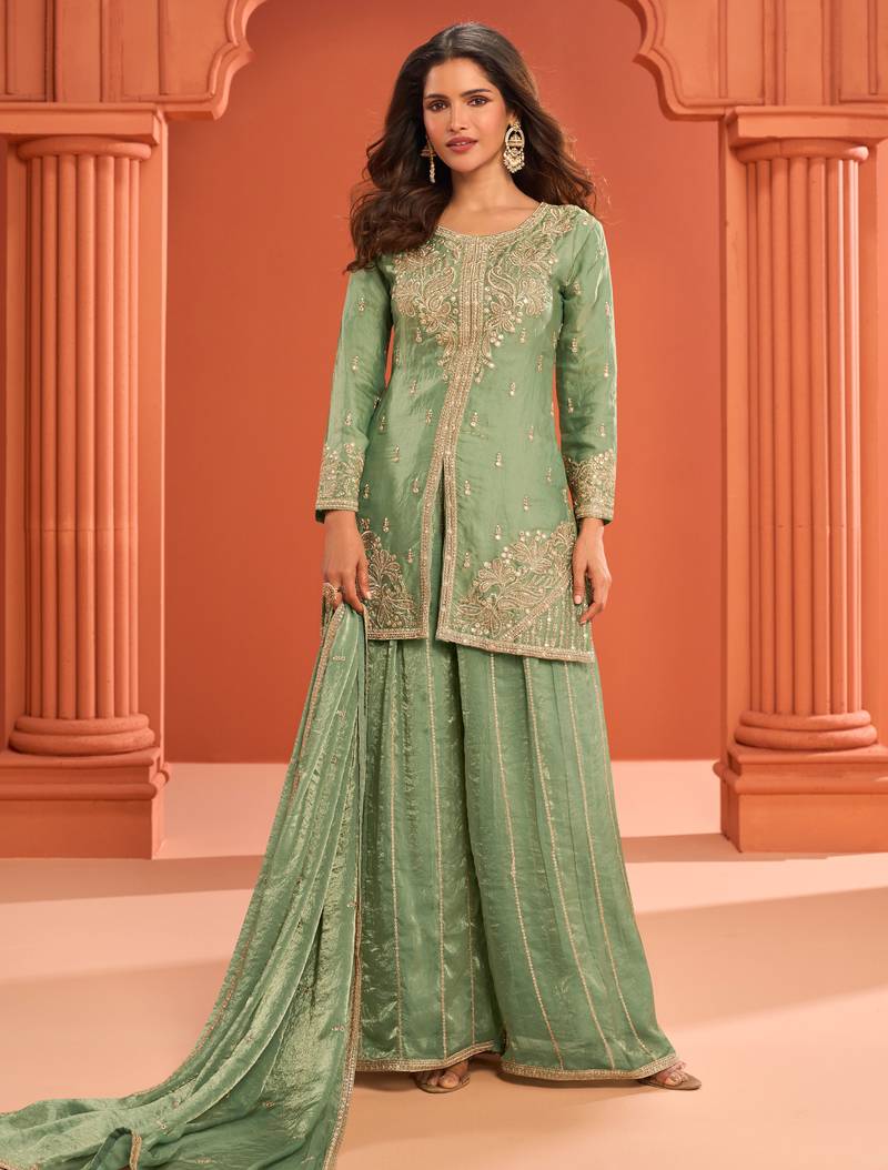 Green zari embroidered , sequins , mirror free size stitched straight salwar suit for women