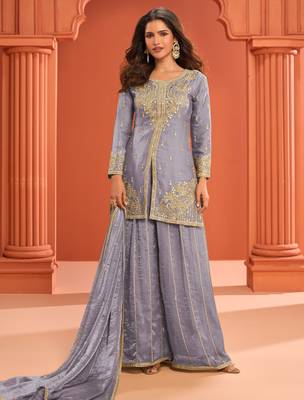Blue zari embroidered , sequins , mirror free size stitched straight salwar suit for women 1