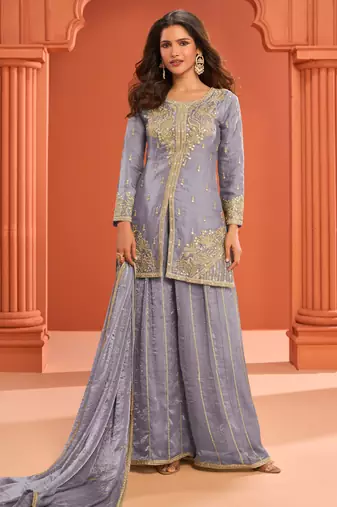 Blue zari embroidered , sequins , mirror free size stitched straight salwar suit for women