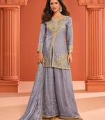 Blue zari embroidered , sequins , mirror free size stitched straight salwar suit for women