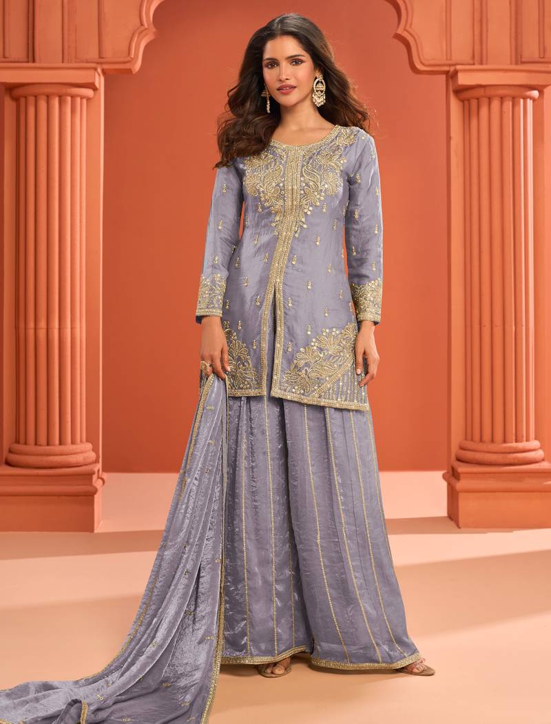 Blue zari embroidered , sequins , mirror free size stitched straight salwar suit for women