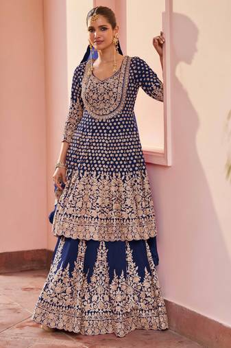 Blue embroidered , stone & sequins free size stitched anarkali salwar suit for women