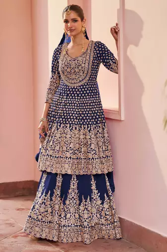 Blue embroidered , stone & sequins free size stitched anarkali salwar suit for women