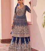 Blue embroidered , stone & sequins free size stitched anarkali salwar suit for women