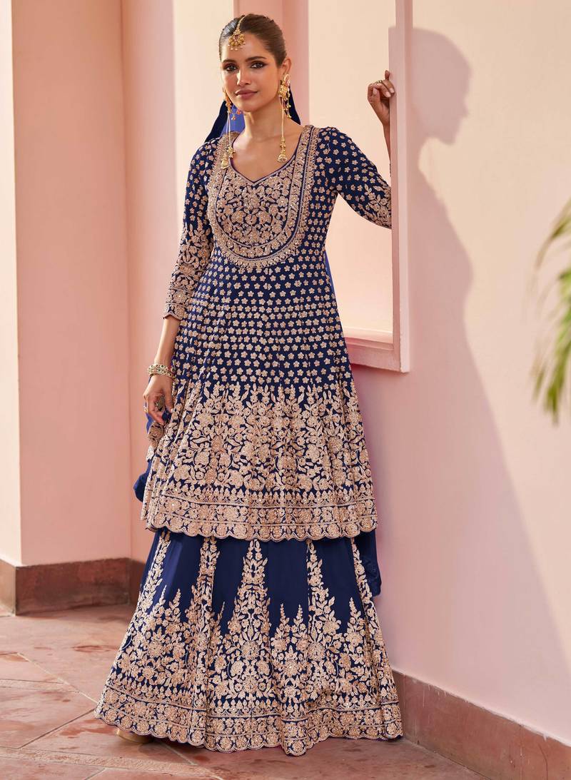 Blue embroidered , stone & sequins free size stitched anarkali salwar suit for women