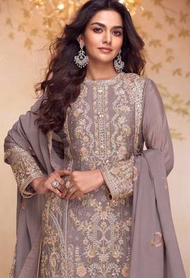 Grey embroidered , sequins & hand work free size stitched straight salwar suit for women 2