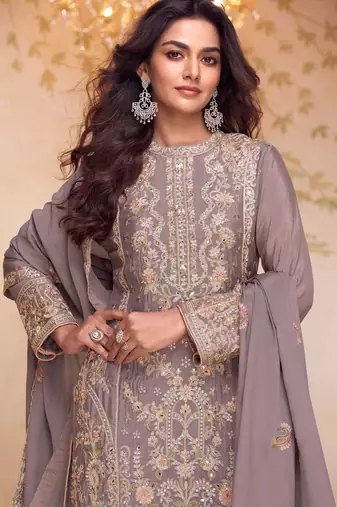 Grey embroidered , sequins & hand work free size stitched straight salwar suit for women