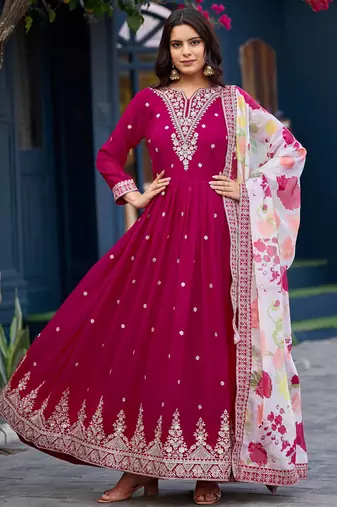 Rani pink embroidered , sequins work & printed dupatta free size stitched anarkali salwar suit for women