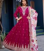 Rani pink embroidered , sequins work & printed dupatta free size stitched anarkali salwar suit for women