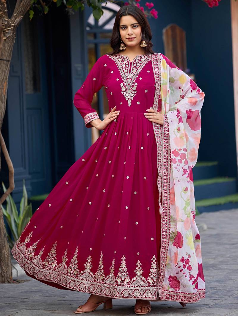 Rani pink embroidered , sequins work & printed dupatta free size stitched anarkali salwar suit for women