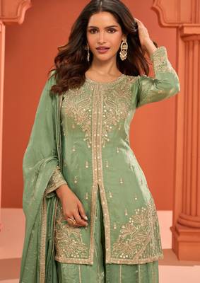 Green zari embroidered , sequins , mirror free size stitched straight salwar suit for women 2