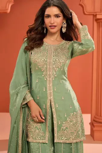 Green zari embroidered , sequins , mirror free size stitched straight salwar suit for women