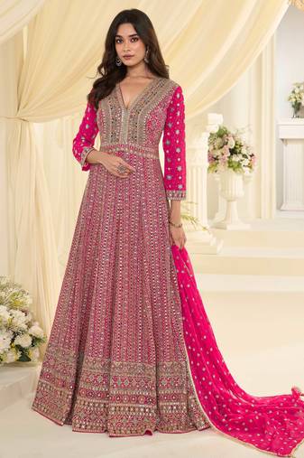 Rani pink embroidered , sequins , stone & zarkhan work free size stitched anarkali salwar suit for women