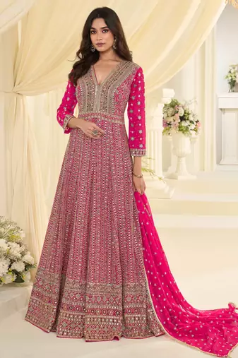 Rani pink embroidered , sequins , stone & zarkhan work free size stitched anarkali salwar suit for women