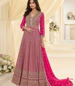 Rani pink embroidered , sequins , stone & zarkhan work free size stitched anarkali salwar suit for women