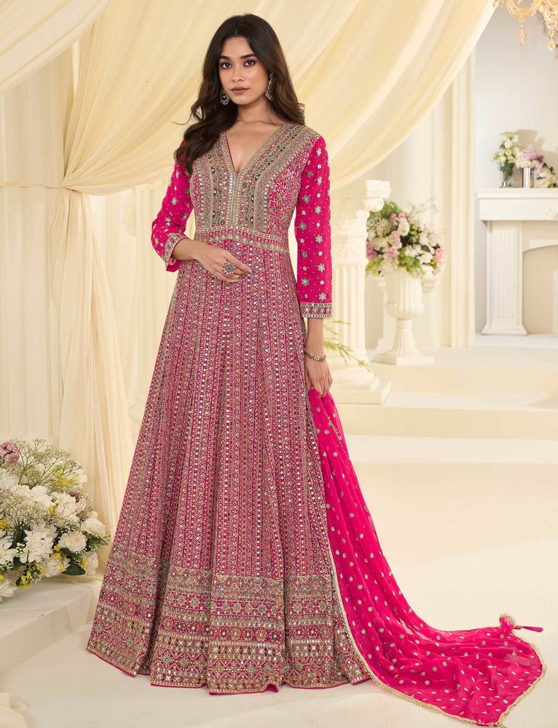 Rani pink embroidered , sequins , stone & zarkhan work free size stitched anarkali salwar suit for women