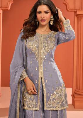Blue zari embroidered , sequins , mirror free size stitched straight salwar suit for women 2