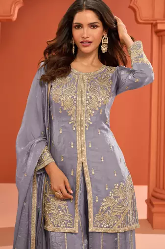Blue zari embroidered , sequins , mirror free size stitched straight salwar suit for women