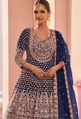 Blue embroidered , stone & sequins free size stitched anarkali salwar suit for women 2
