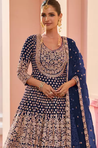 Blue embroidered , stone & sequins free size stitched anarkali salwar suit for women