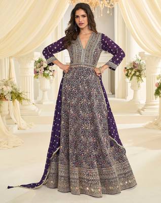 Purple embroidered , sequins , stone & zarkhan work free size stitched anarkali salwar suit for women 1