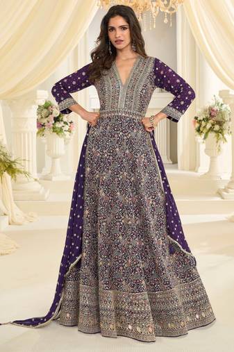 Purple embroidered , sequins , stone & zarkhan work free size stitched anarkali salwar suit for women