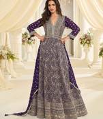 Purple embroidered , sequins , stone & zarkhan work free size stitched anarkali salwar suit for women