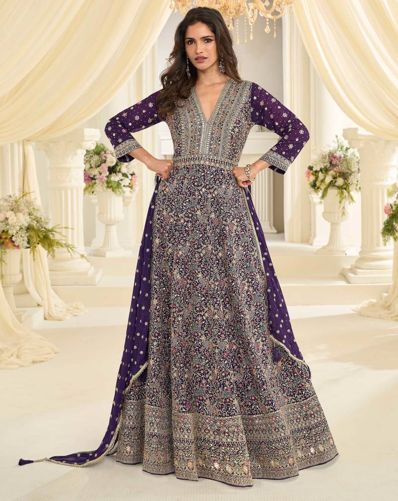Purple embroidered , sequins , stone & zarkhan work free size stitched anarkali salwar suit for women