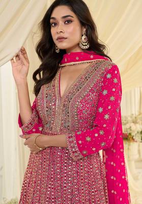Rani pink embroidered , sequins , stone & zarkhan work free size stitched anarkali salwar suit for women 2