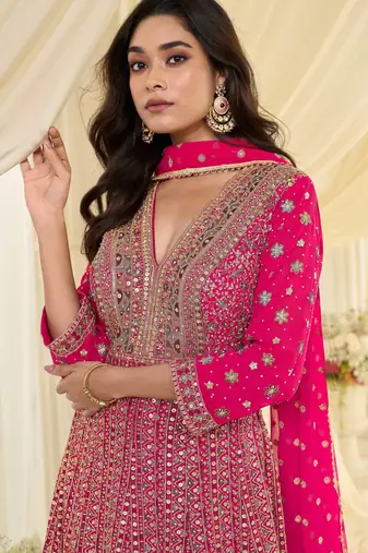 Rani pink embroidered , sequins , stone & zarkhan work free size stitched anarkali salwar suit for women