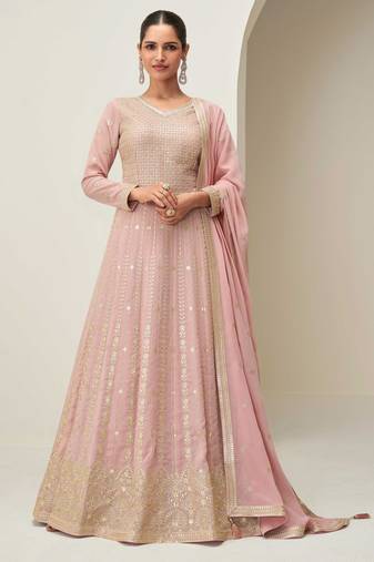 Pink zari embroidery & sequins free size stitched anarkali salwar suit for women
